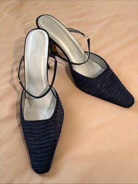 David Aaron Navy Textured Slingback Heels with Ankle Strap